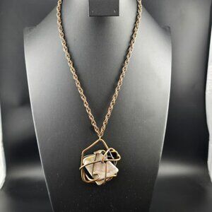 Copper Wire Wrapped Pendant Necklace W/ Stone Center & Chain By Kim Signed